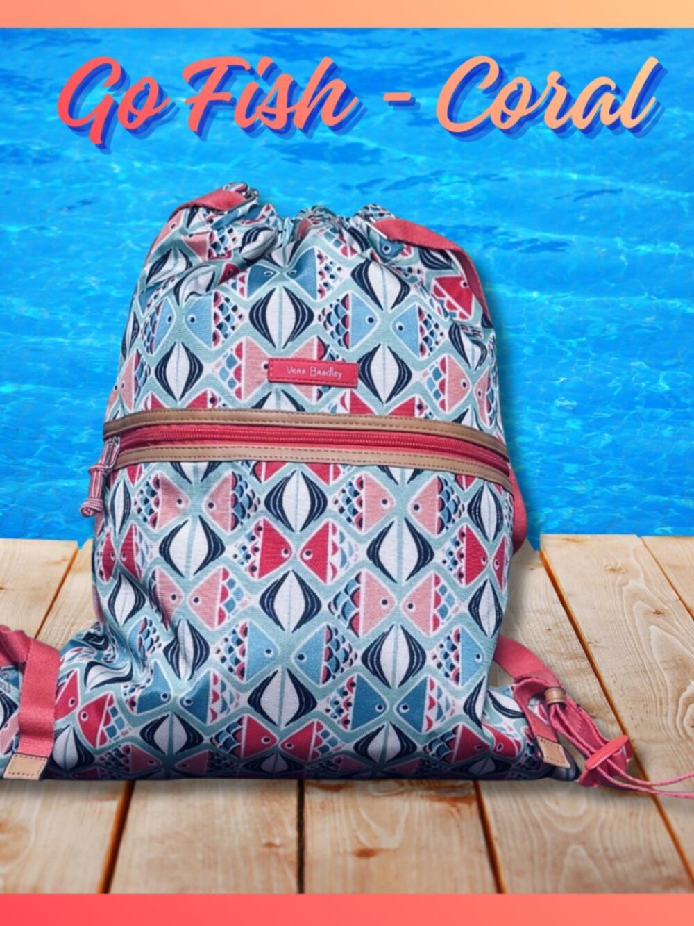 Vera Bradley Go Fish Coral Drawstring Backpack NWOT Travel Gym Back to School